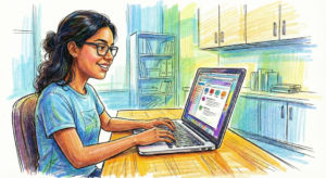 Joven estudiante utilizando el simulador de habilidad verbal ECOEMS en una computadora portátil para su examen de admisión